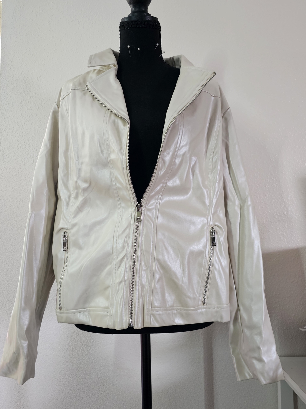 Kate & Mallory Cream Faux Leather Zip Jacket